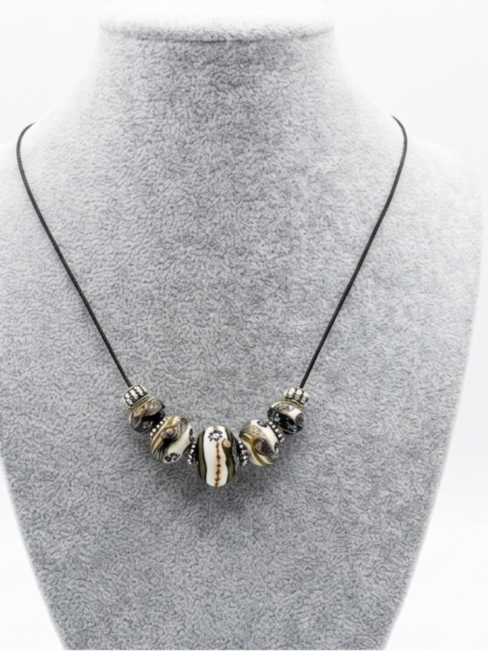 Hand Crafted Silver Ceramic Boho Beaded Necklace on Black Leather Cord Necklace